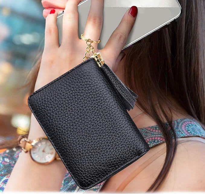 Coco Rossi Leather Credit Card Wallet for Women, RFID Blocking Zipper Cards Holder with Tassels-Black