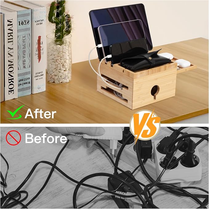Bamboo Charging Station Organizer, No USB Charger and Cables | Nightstand Docking Station with Small Tray, Desktop Wood Charger Organizer, Compatible with Cell Phone, Tablet, Earphones