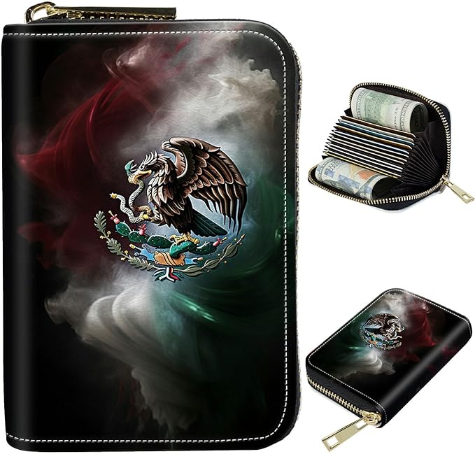 Cute Credit Card Holder with Zipper, Mexico Flag RFID-Blocking Card Case Small Wallet for Women Men, Multi-slot Card Organizer Case Travel Accordion Wallet
