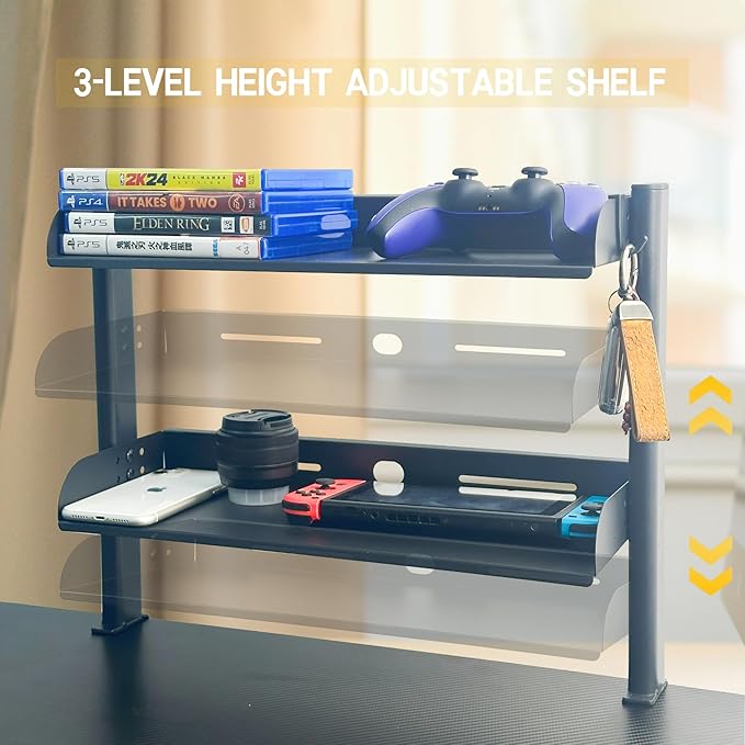ShinJu Clamp on Desk Shelf for Top of Desk 2 Tier Above or Under Desk Storage Gaming Desk Organizers and Accessories Metal Storage Shelves for Office Standing Desk Accessories Under Desk Bookshelf