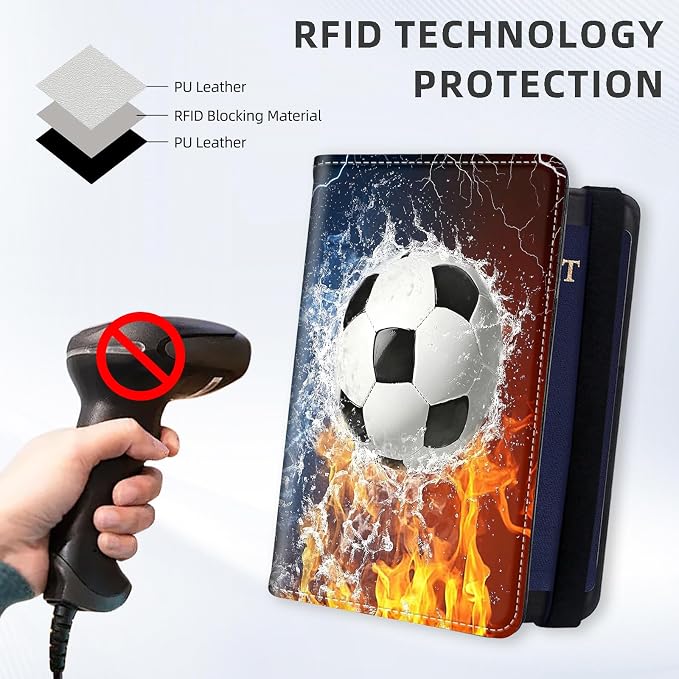 [Ball on Fire and Water Ultra-Slim Passport Holder Wallet with Pen Loop, RFID Blocking Faux Leather Travel Passport Cover, Compact Boarding Pass & Card Case Organizer for Women & Men