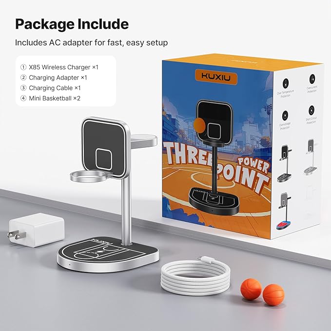 KU XIU X85 3-in-1 Wireless Charger Stand, Magnetic Charging Station for iPhone 17??2 & iPhone Air, Apple Watch S11??/SE/Ultra, AirPods 4/3/2/Pro ??Adjustable Stand, Basketball Court-Inspired Design