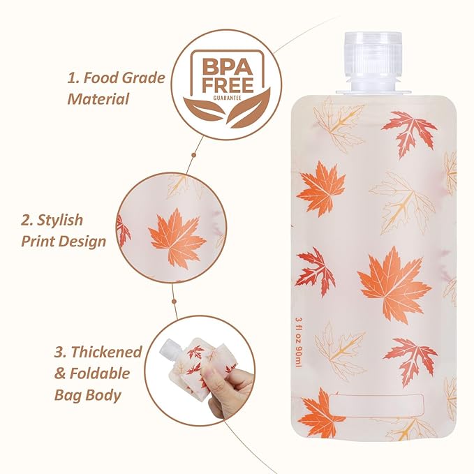 PACKISM 11 Pack Travel Pouches for Toiletries, 3 oz TSA Approved Liquid Containers, Leak Proof Squeeze Bags for Cruise & Camping, Space Saving Refillable Carriers, Active Yellow Lemon Red Maple Leaf