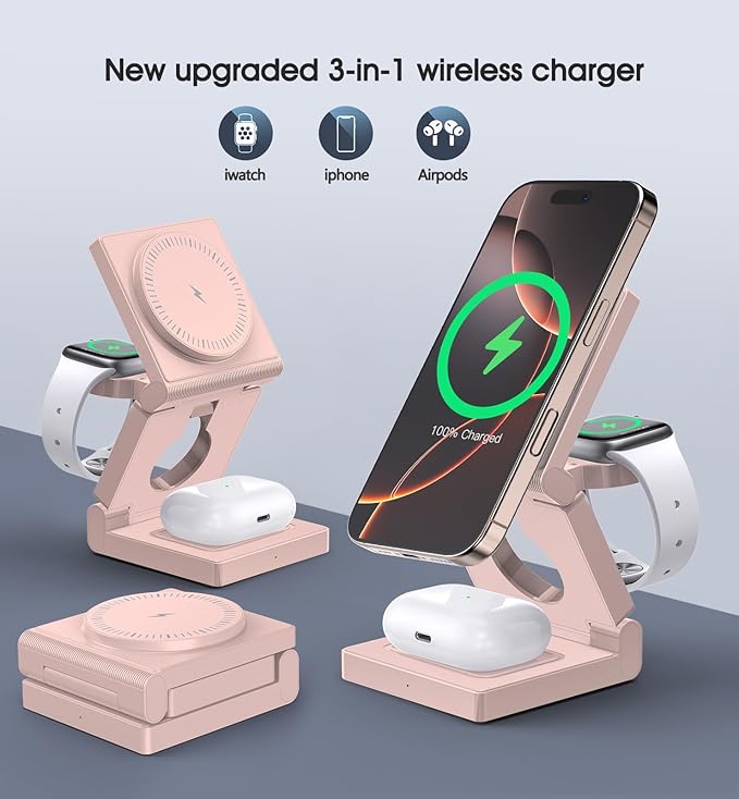3 in 1 Wireless Charging Station for Apple Multple Devices - Foldable Magnetic Wireless Charger Dock -Travel 18W Charging Pad for iPhone 16 15 14 13 12 Pro/Pro Max/Plus/Watch & Airpods All Series Red