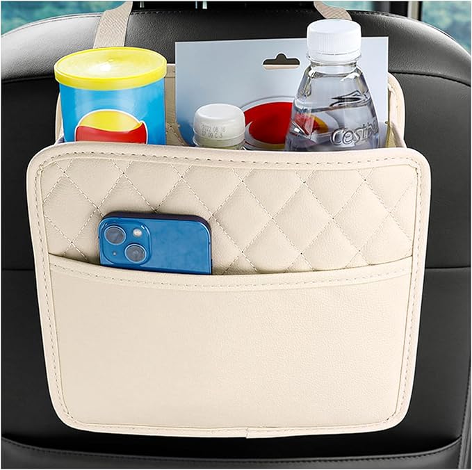 Car Back Seat Organizer, Large Capacity Foldable Car Headrest Hanging Organizer with Storage Pockets, Waterproof Leather Multipurpose Back Seat Storage Bag for Most Vehicles (White)