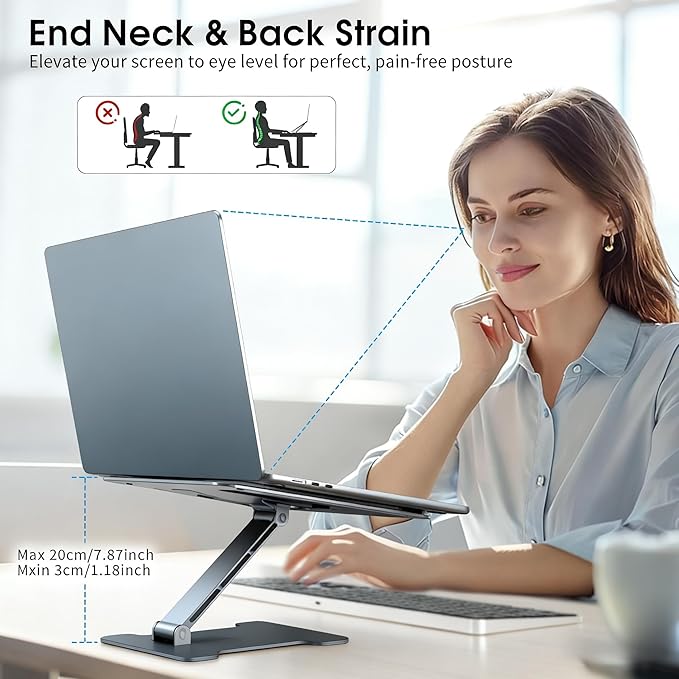 Foldable Aluminum Laptop Stand, Height Adjustable Ergonomic Riser for Collaborative Work,Tablet, Reading and More. Portable Laptop Stand for All 10-16" (Gray)