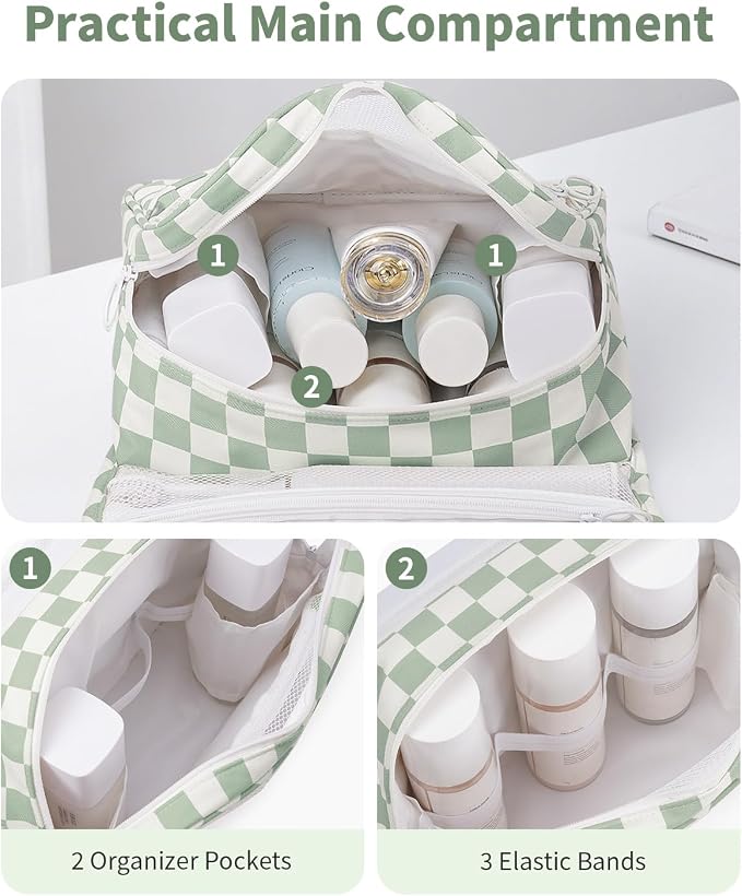 Narwey Small Hanging Travel Toiletry Bag for Traveling Women, Checkered Travel Bag for Toiletries, Makeup Bag Organizer Make Up Cosmetic Bags, Gifts for Kids Teen Girls (Mint Green Checkerboard)