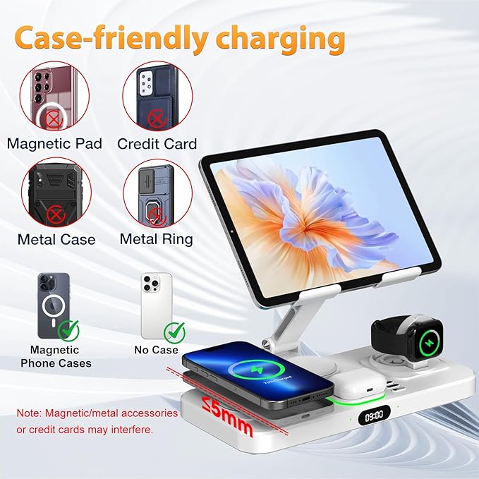 30W Charging Station for Apple Products, Foldable Wireless Charger with Clock Display&7 Color Light, Wired Charging for iPad/Tablet Charging Station for iPhone16, for Apple Watch10 for AirPods4(Cream