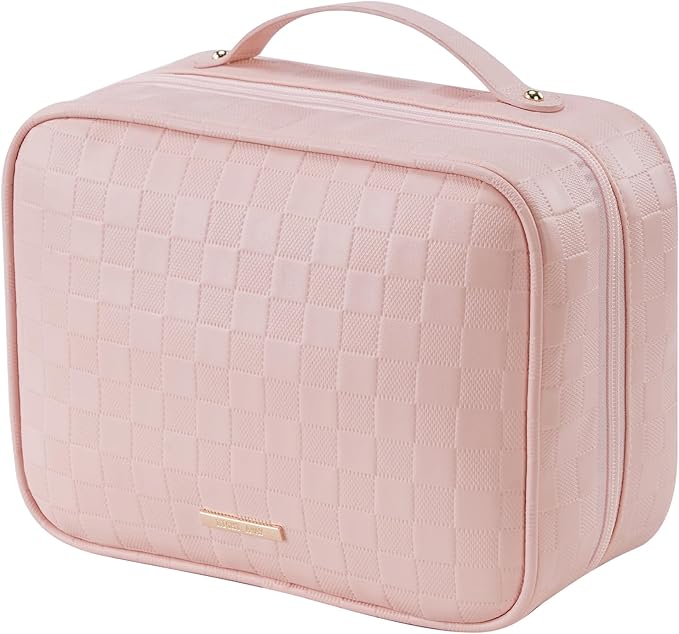 RIGHT AWAY Travel Toiletry Bag for Women, Waterproof Makeup Bag&Case, Portable Cosmetic Organizer Checkered Make up Bag for Full Sized Toiletries，Cosmetics and Travel-Size Accessories,Pink Checkered