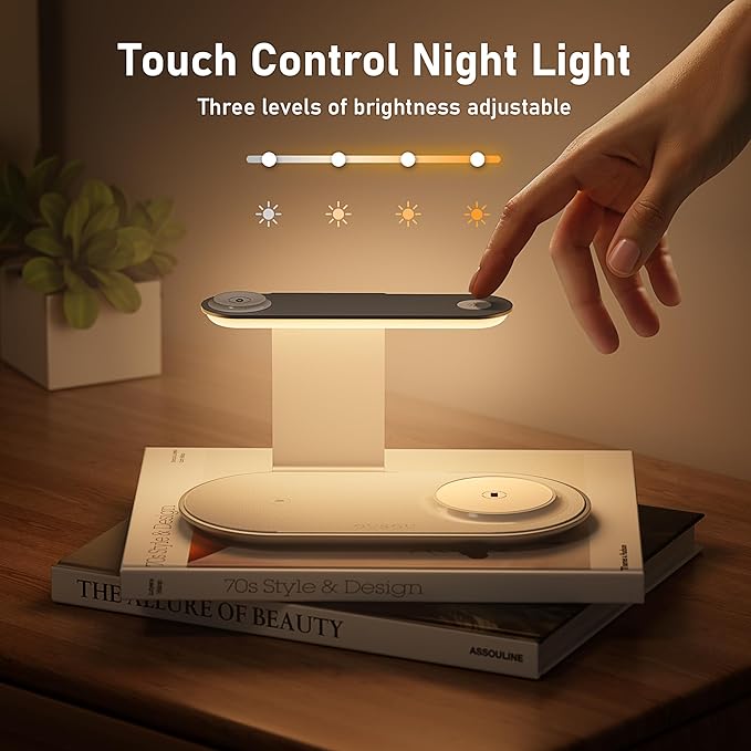 GUSGU 3 in 1 Charging Station with Three-Level Night Light, 15W Max Fast Charging, Wireless Charger for iPhone 15/14/13/12, iWatch S1-8/Ultra, AirPods(30W USB-C Charger Included), White