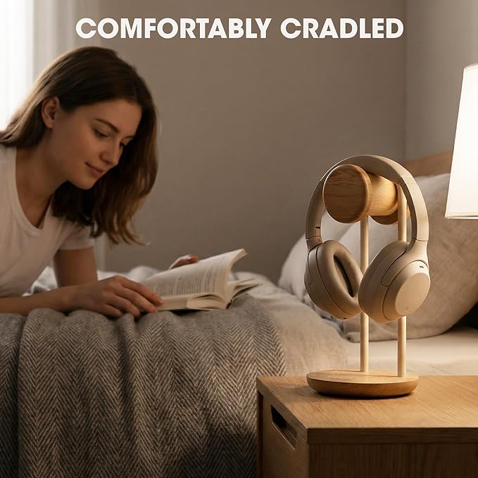 Fenge Headphone Stand for Desk, Nature Wood & Metal Headphone Holder with Storage Base, Desktop Headset Stand for Gaming Universal Headphones, Oak
