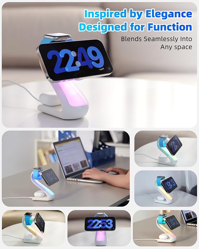 4-in-1 Magnetic Wireless Charging Station for Apple iPhone 17 16 15 14 13 12 Pro Max & Watch | 15W Fast MagSafe Charger Stand with Night Light | Aesthetic Swan Desk Organizer for AirPods (White)