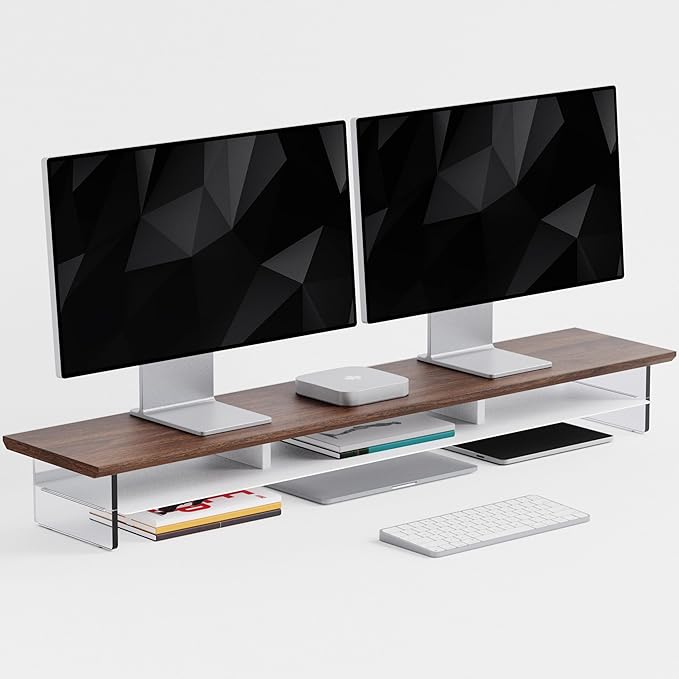 Dual‑Tier Monitor Stand for Modern Desk Setup – Minimalist Wooden and Metal Riser Shelf with Transparent Acrylic Feet for Dual Monitors, Laptops, Home Office Aesthetic，Brown and White