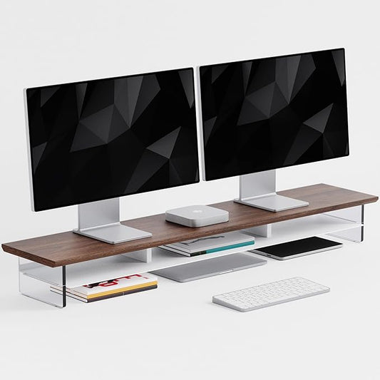 Dual‑Tier Monitor Stand for Modern Desk Setup – Minimalist Wooden and Metal Riser Shelf with Transparent Acrylic Feet for Dual Monitors, Laptops, Home Office Aesthetic，Brown and White