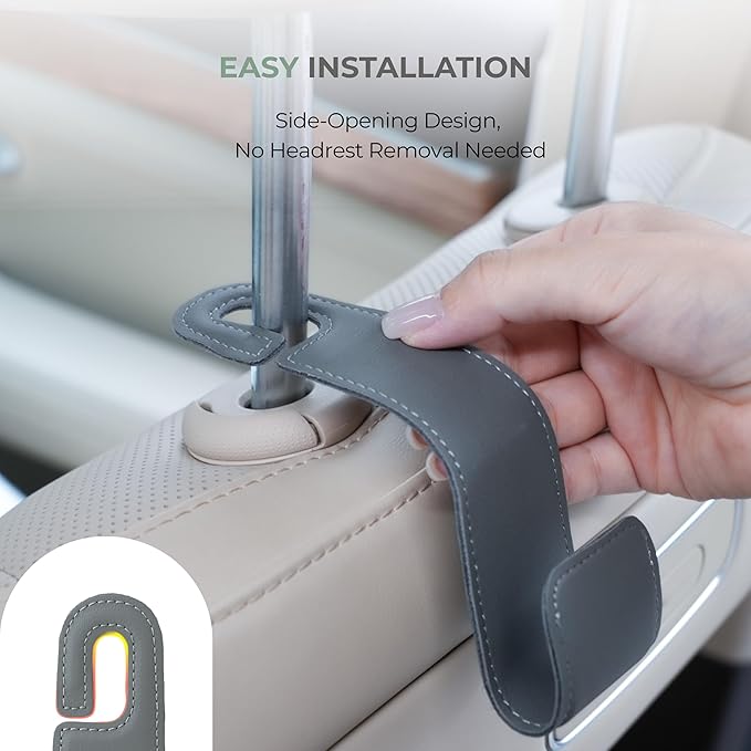 Purse Holder for Car, 2 Pack Upgraded Car Seat Hooks for Hanging Purse and Bag, Leather Headrest Hooks for Car Back Seat, Car Organization Accessories (Brown)