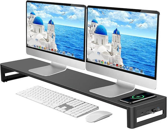 EAXBUX Dual Monitor Stand with Wireless Charging and 4 USB 3.0 Ports, Steel Monitor Stands for 2 Monitors, Metal Computer Stand Riser for Desk, Office, Laptop, PC up to 32 Inches (Black)