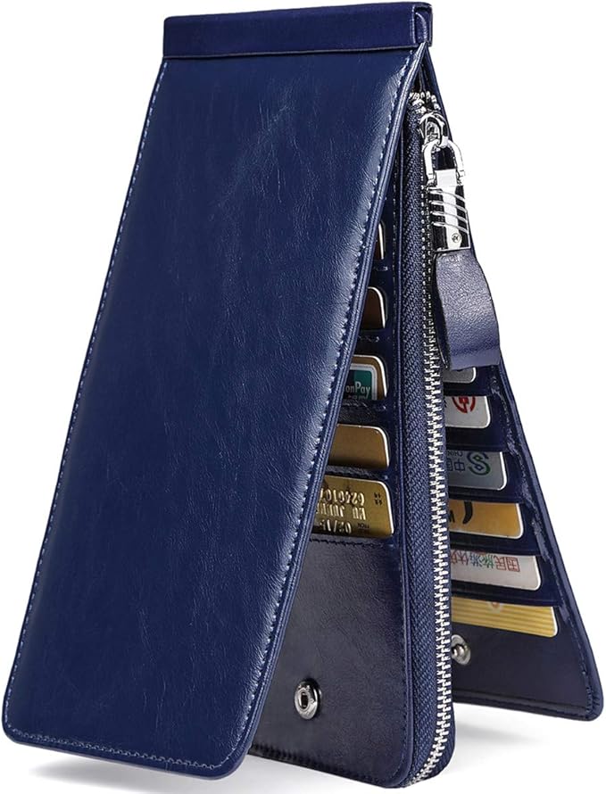 Women's Genuine Leather Credit Card Holder RFID Long Zipper Purse Wallet
