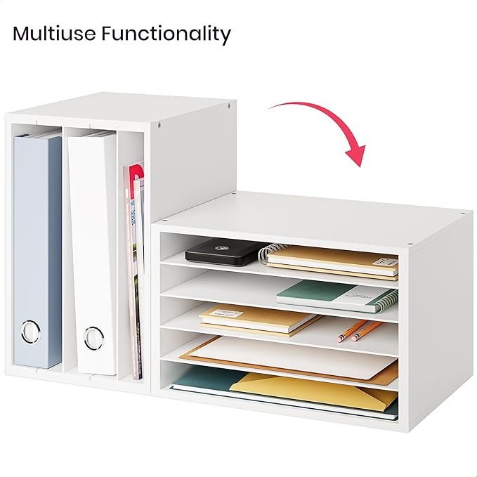 Ballucci 5 Tier Paper Organizer Letter Tray, Wood Desk File Organizer with Adjustable Shelves, Home Office School Letter/A4 Mail Sorter Magazine Holder - White