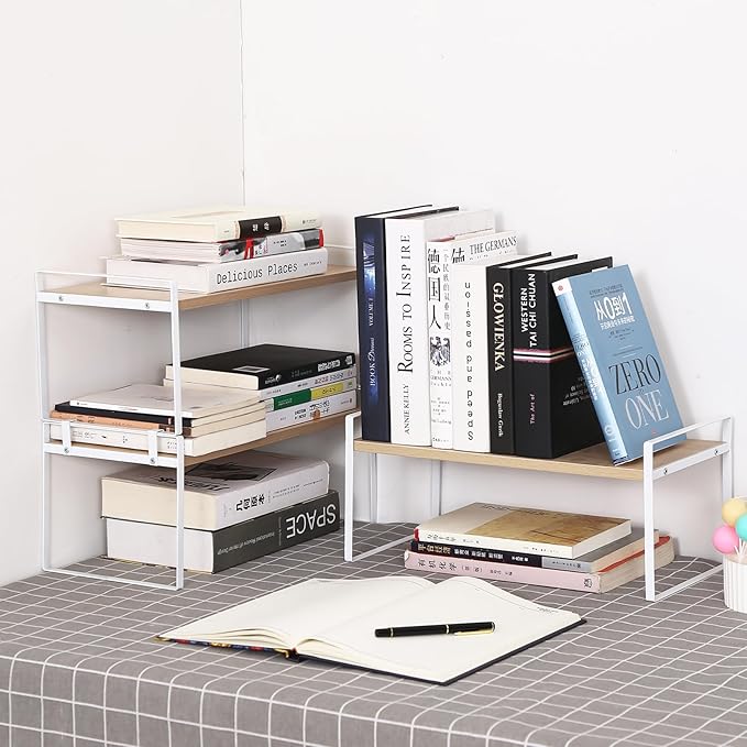YGYQZ Wood Office Desk Shelf Organizer - Desktop Supplies Cute Dresser Top Organization Storage Rack and Cubicle Decor Aesthetic Bookshelf for Women Man and Kids (White Wood-Single Tier)