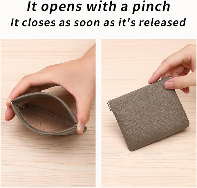 Genuine Leather Squeeze Coin Purse Pouch Change Holder For Men & Women Mini Change Purse Pouch for Pocket, Small Pouch Credit Card Key Headset Lipstick Holder (Grey)