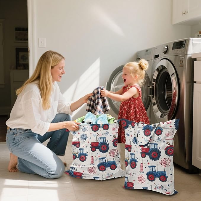 Travel Laundry Bags 2 PC Wet Dry Bag with Handle Dirty Clothes Organizer for Swimsuits Beach Camping Waterproof Washable Cute Tractors Fireworks and Stars