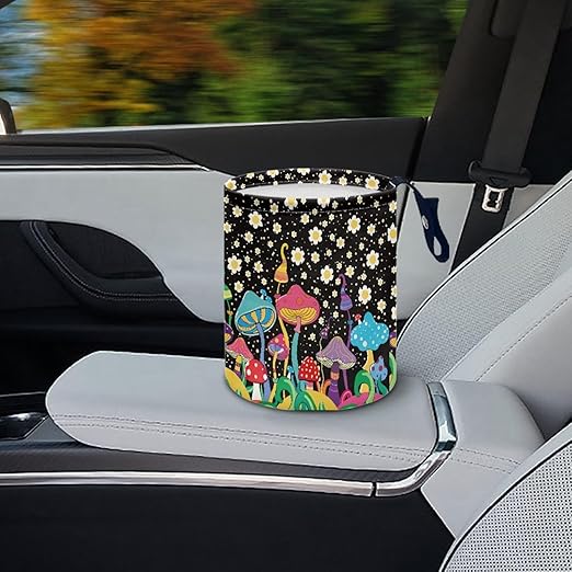 Mushroom Daisy Trash Can Leak Proof Waste Basket Container Bag Bin Hanging Cup Holder Organizer with Strap Mini Car Interior Accessories for Auto, Camping, Travelling