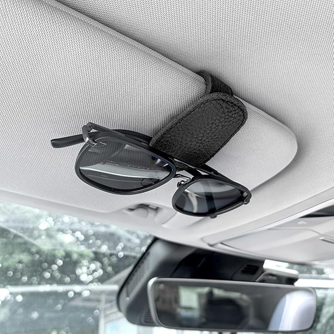 zipelo Sunglasses Holders for Car Sun Visor, 2PCS Magnetic Leather Vehicle Glasses Hanger Clip for Ticket Card, Auto Interior Eyeglass Organizer Accessories, Universal for SUV Sedan Truck (Black)
