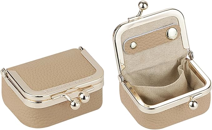 Royal Bagger Genuine Cow Leather Mini Jewelry Box Women's Coin Purse Solid Color Kiss Lock Change Pouch Casual Style Small Storage Bag for Women 1894 (Milk Tea)