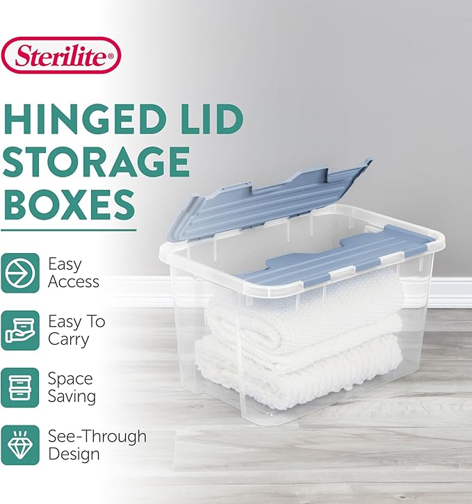 Sterilite 12 Pack Hinged Lid Storage Box, 60 Qt Plastic Container, Washed Blue - Home Organizer Tote for Storing Shoes, Crafts, Clothing, or Decor