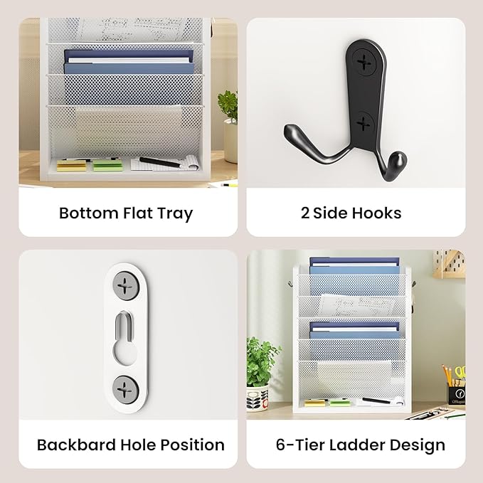 Mail Organizer Wall Mounted, 6-Tier Wall File Organizer with 2 Hooks, Wooden Desk Organizer Magazine Holder with Bottom Flat Tray, for Office Home, White