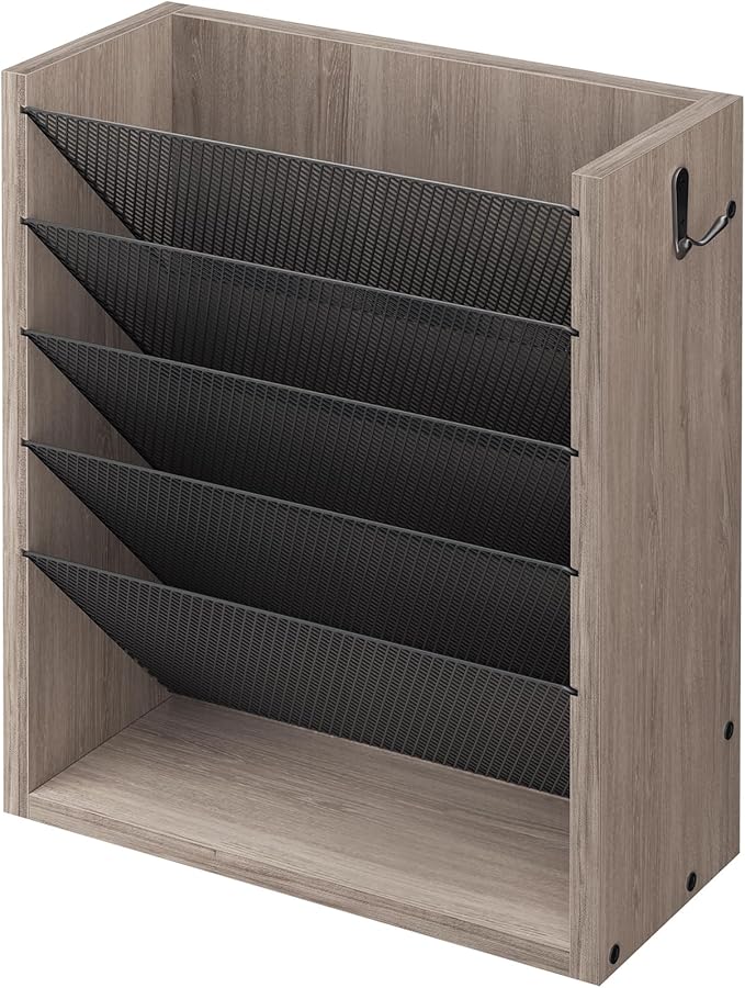 Mail Organizer Wall Mounted, 6-Tier Wall File Organizer with 2 Hooks, Wooden Desk Organizer Magazine Holder with Bottom Flat Tray, for Office Home, Greige