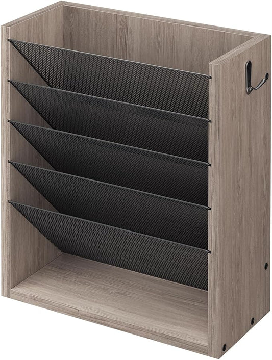 Mail Organizer Wall Mounted, 6-Tier Wall File Organizer with 2 Hooks, Wooden Desk Organizer Magazine Holder with Bottom Flat Tray, for Office Home, Greige