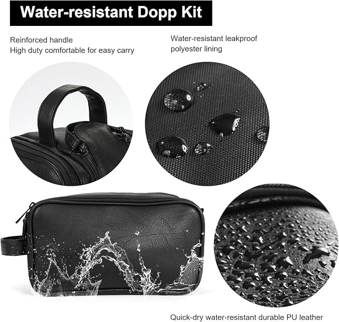 Toiletry Bag for Men and Women, Travel Essentials Shaving Dopp Kit, Travel Bag Toiletries Organizer Case for Grooming, PU Leather Water Resistant Cosmetic Bag Pouch (Black, Medium)