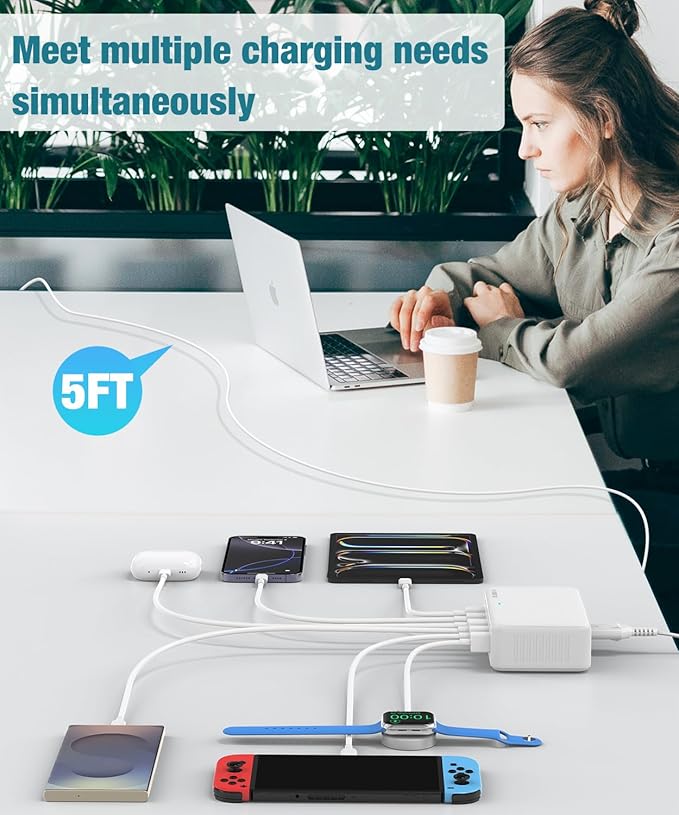 USB C Charger Block, 100W GaN 6 Port Fast USB Charging Station Hub, Wall Charger Power Adapter Plug Cube Brick for Apple iPhone 17 16 15 14 13 12 11 Pro Max/iPad/Pixel/Samsung Galaxy S25 S24,5FT Cord