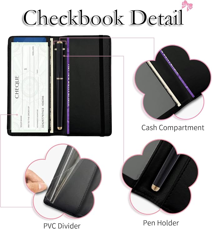 Letter Checkbook Cover, RFID Blocking Checkbook, Stylish, Lightweight, Slim Durable, Multi-Functional Checkbook Holder for Personal and Business Checks (Bow-Black)