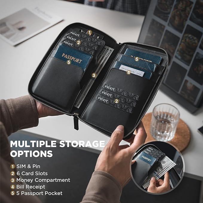 VULKIT Leather Passport Holder Family Travel Document Organizer with RFID Blocking Travel Wallet Slim Dual Slots SIM Card and Multiple Card Holders for Men and Women (Black)