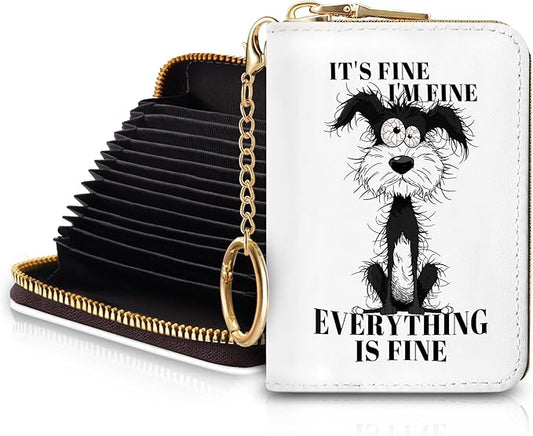 Blusabaca Funny Dog Credit Card Holder for Women, Small RFID Wallet with Zipper, Card Keychain Wallet, Leather Wallet Card Case, Business RFID Blocking Accordion Purse Wallet Gift I'm Fine