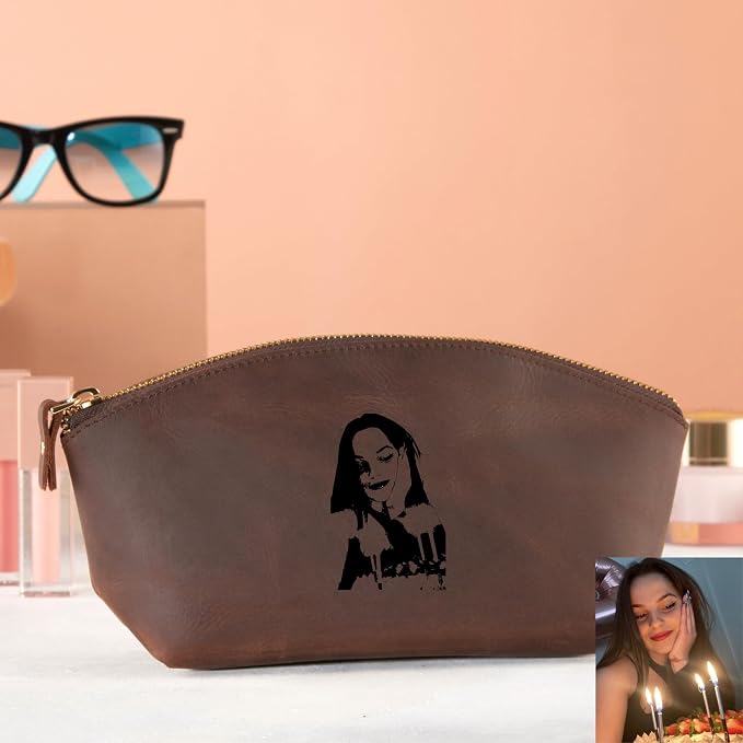 Blade Premium Personalized Genuine Leather Cosmetic Makeup Bag - Wedding Gift for Bridesmaid, Travel Organizer Clutch for Women with Zipper Pouch for Toiletry Essentials (Reddish)