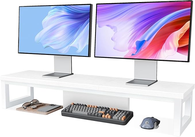 Dual Monitor Stand Riser, Large Computer Monitor Stand for 2 Monitors, Multi-Purpose Desk Organizers and Accessories, Wood and Steel Desk Shelf for Computer, Laptop, Printer, TV, White