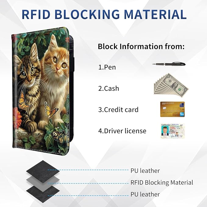 DEGDFSGR Checkbook Cover PU Leather Checkbook Covers for Women for Duplicate Checks, Check Book Covers with RFID Blocking Function for Personal Checkbook, Cat Family Flower Butterflies