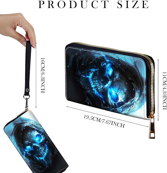 Zip Around Wallets for Women with Detachable Wrist Strap, Large Capacity RFID Blocking Leather Purse Organizer Card Holder Wristlet,Blue Glow Skull