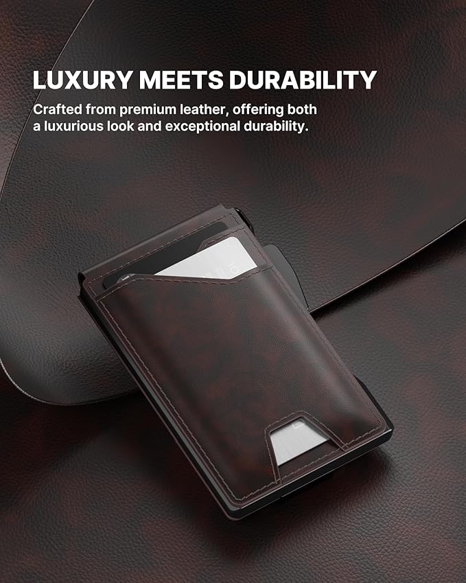 typecase Tactical Wallet for Men Card Holder: Pop Up Card Case, Genuine Leather, Smart, RFID Blocking, Slim, Minimalist, Thin, Front Pocket - 9-13 Card Capacitiy, ID Window, Money Clip (Deep Brown)