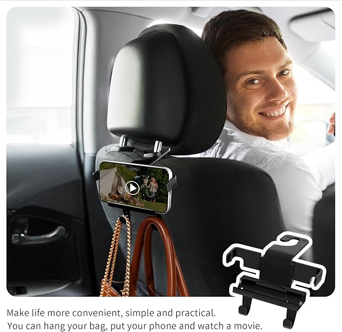 Upgraded Car Headrest Hidden Hook 2 in 1 Car Seat Hooks with Phone Holder for Purse, Hangers Vehicle Organizer ，Durable Hanger Storage Holder Organizer