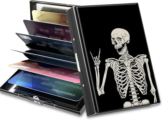 Slim Credit Card Holder, Skull Skeleton RFID Blocking Metal Wallet for Men & Women, Aluminum Minimalist Hard Case Pocket-Sized Business Cards Organizer (Fits Up to 10 Cards)