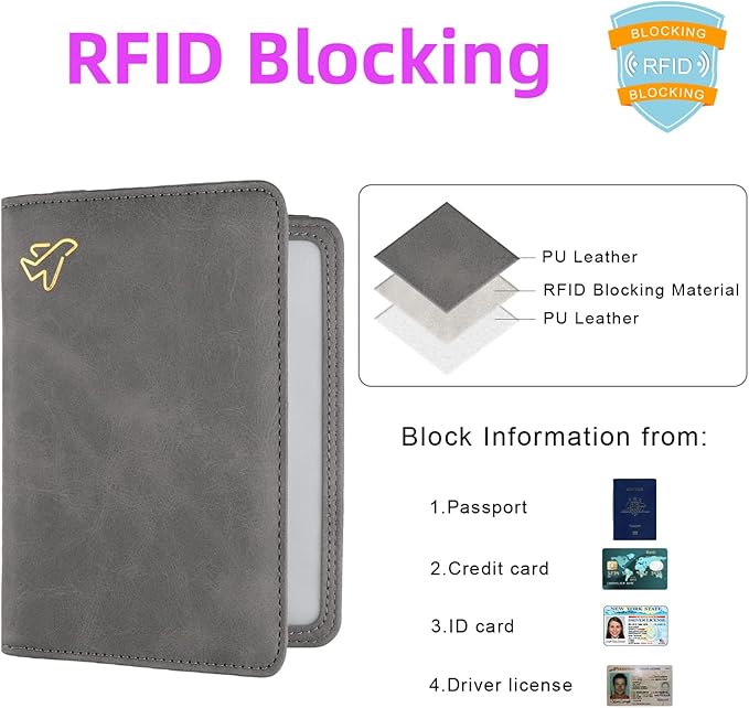 WALNEW AirTag Passport Holder, PU Leather Airtag Wallet RFID Blocking Passport Cover Travel Essentials Case for Women Men (Gray)