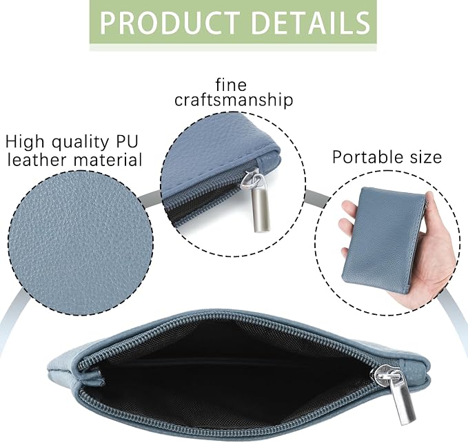 2 Pack Portable PU Leather Mini Coin Purse with Zipper for Women - Credit Card, Folded Bills, ID, Key, Headset, Lipstick (Blue & Green)