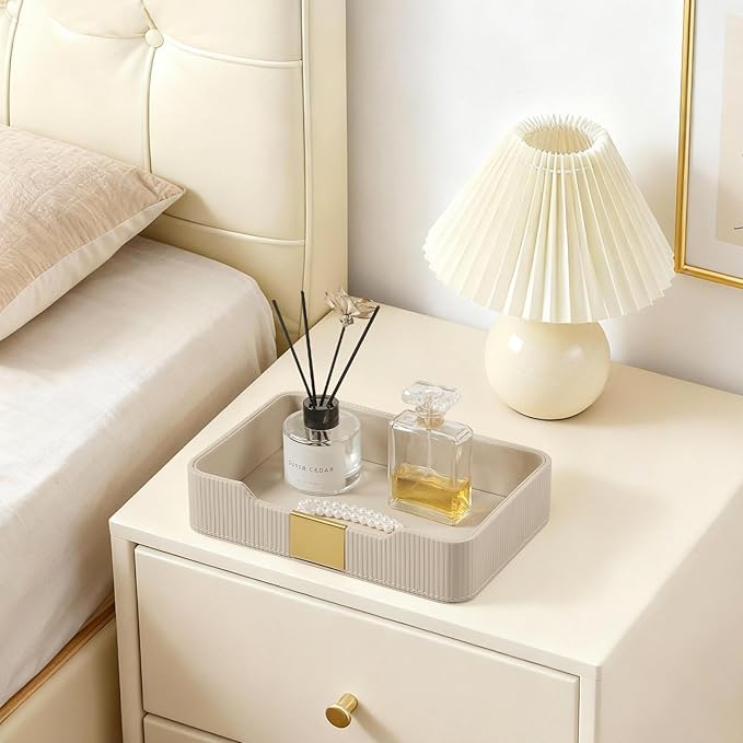Valet Tray Desktop Storage Organizer, PU Leather Catchall Bedside Vanity Tray with Brass Accents Block Nightstand Organizer for Keys Watch Wallet Phone, Decorative Nightstand Storage (Beige)