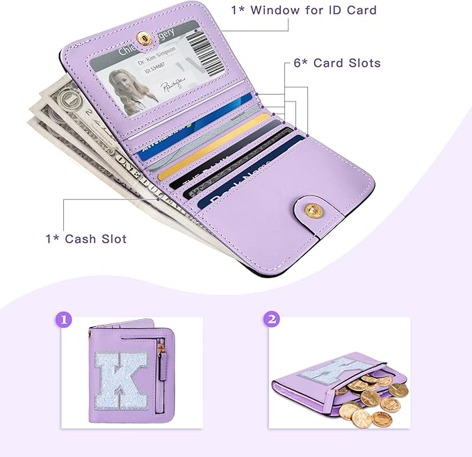 COSHAYSOO Initial RFID Wallet Small Birthday Easter Gifts for Cheer Dance Sing Sports Team Performance Teen Girls Unique Practical Preppy Teenage Cute Girly Kawaii Stuff Purple K