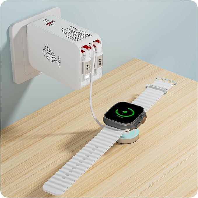 Retractable Apple Watch Charger, 5 in 1 Wall Charger with 3 Retractable Cables for Older iPhones & USB-C Devices, 35W Foldable Charger Block for iPhone 17/16/15/14, iPad, AirPods