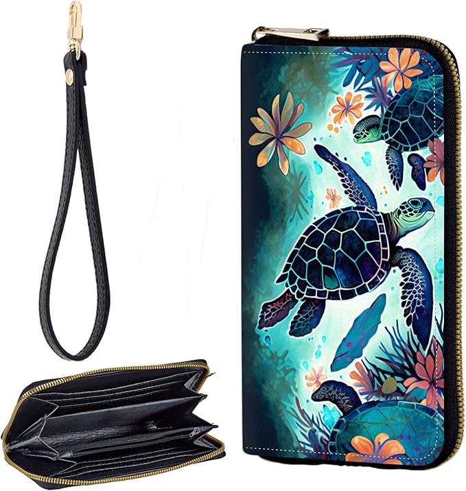Zip Around Wallets for Women with Detachable Wrist Strap, Large Capacity RFID Blocking Leather Purse Organizer Card Holder Wristlet,Sea Turtles